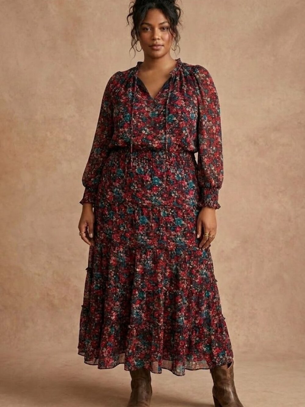 Vince Camuto Women's Size 2X Autumn Floral Print Tiered Long Sleeve Maxi Dress
